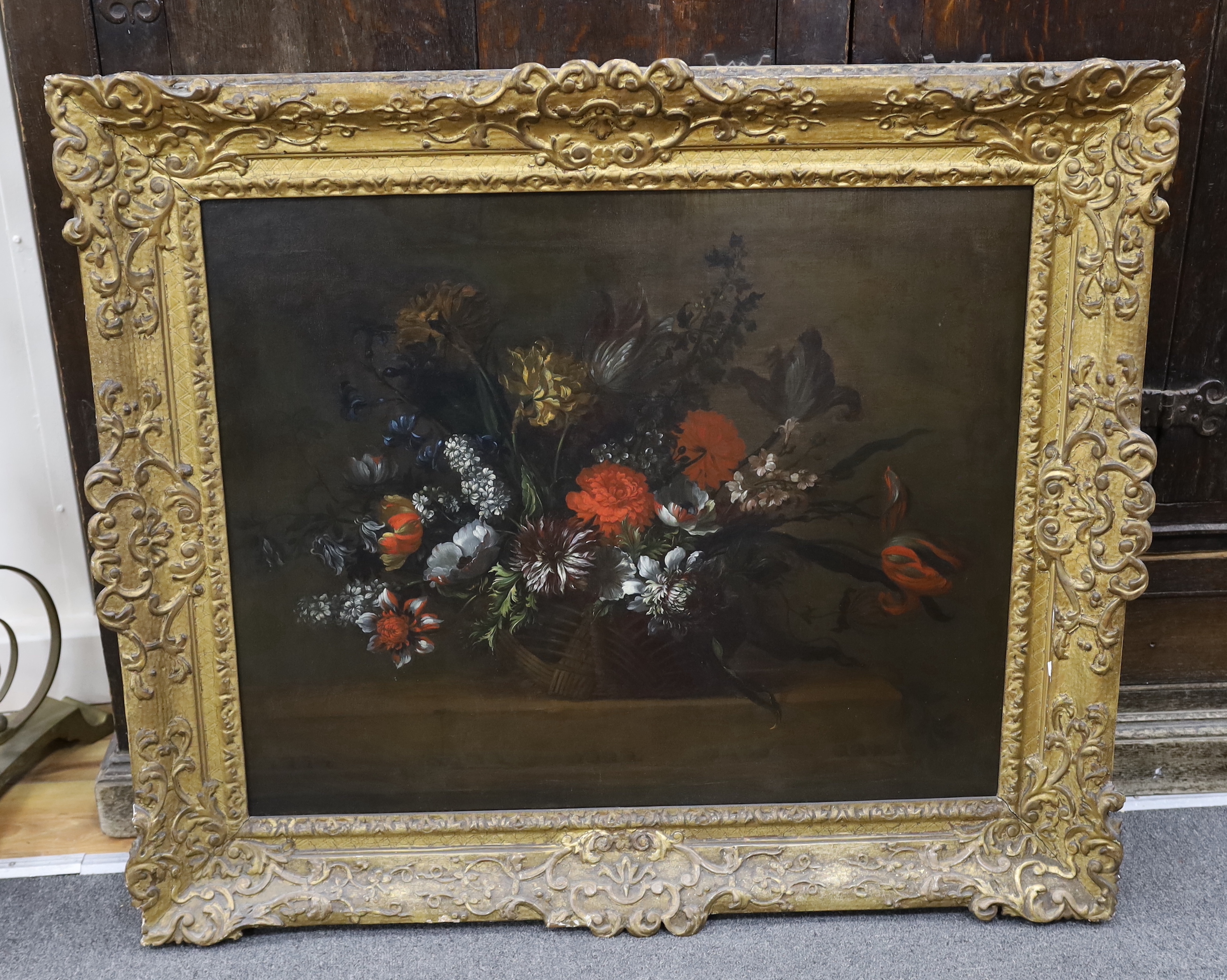 19th century English / Dutch school, oil on canvas, Still life of flowers in a basket, 57 x 70cm, ornate gilt frame